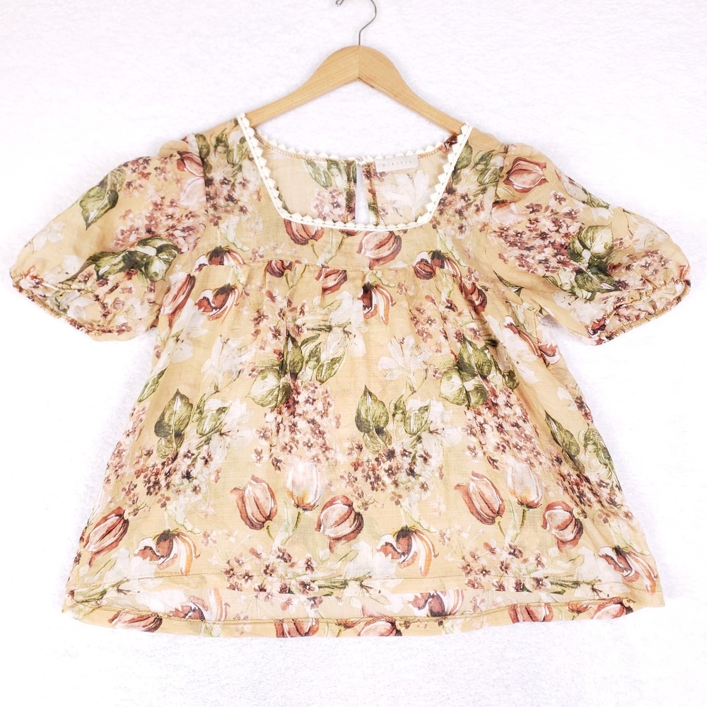KIKISIX Floral Square Neck Puff Sleeve Top Small Tan